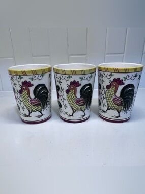 Vintage PY Ucagco Early Provincial Rooster & Roses 3 Tumblers Excellent